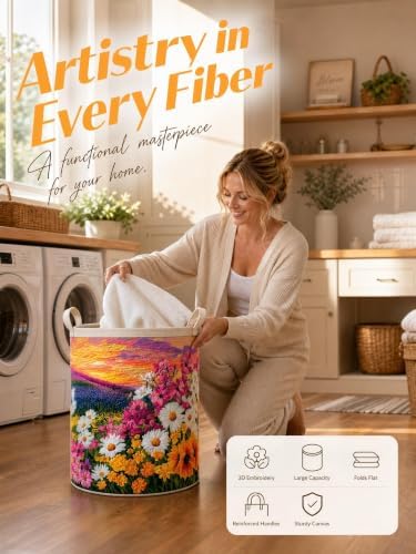 Quilted Laundry Basket with Handles, Boho Floral Quilted Storage Hamper - Image 6