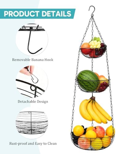 FANGSUN Hanging Fruit Basket for Kitchen, 3-Tier Hanging Fruit Basket - Image 4