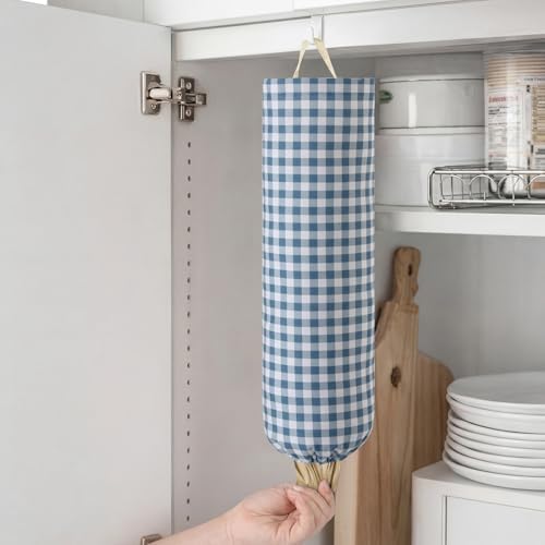 Gingham Plastic Bag Holder for Grocery Bag, Dusty Blue - Image 6