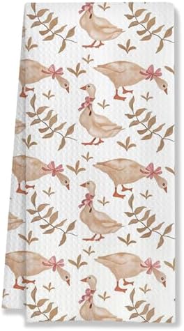 Coquette Pink Bow Silly Goose Kitchen Towels, Rustic Botanical Goose Decorative by HUGANE
