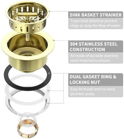 KONE 3-1/2 Inch Kitchen Sink Drain Assembly Stainless Steel Gold Kit - Image 5