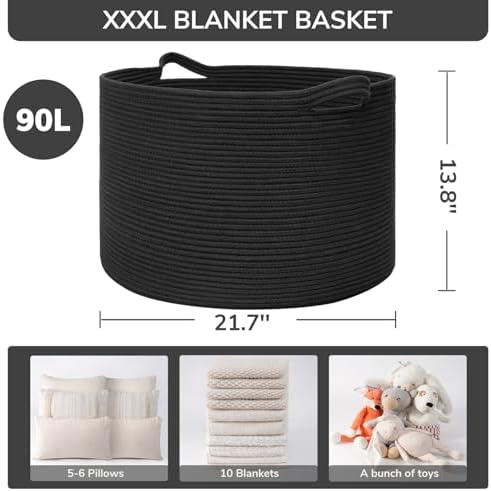 INDRESSME XXXLarge Woven Rope Blanket Basket Living Room Black - Image 3