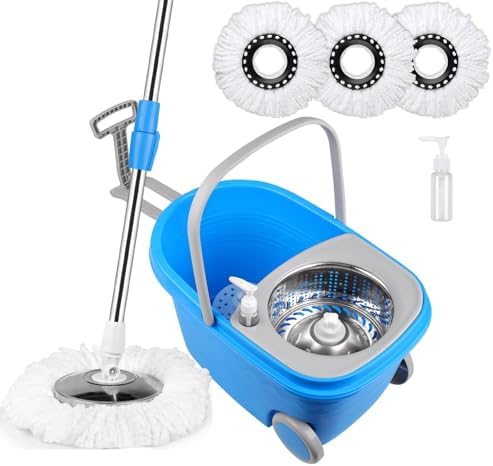 Spin Mop and Bucket with Wringer Set, 3 Washable Microfiber Pads Included by HYZSWGC