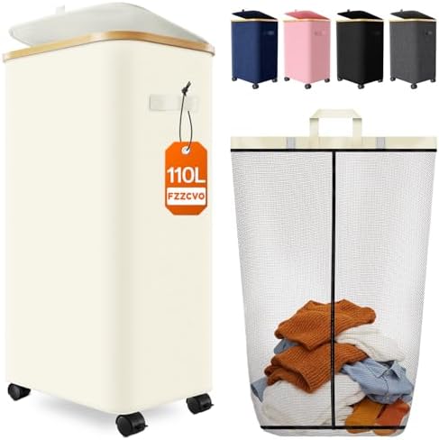 Laundry Basket with Wheels, 110L Large Rolling Laundry Hamper by Fzzcvo