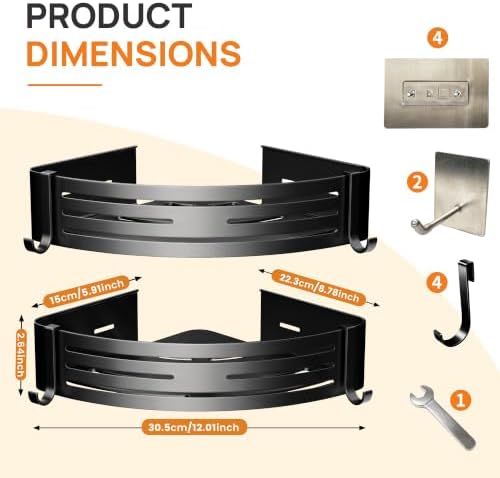 Black Adhesive Corner Shower Caddy 2-Pack, Triangular Shelves - Image 2