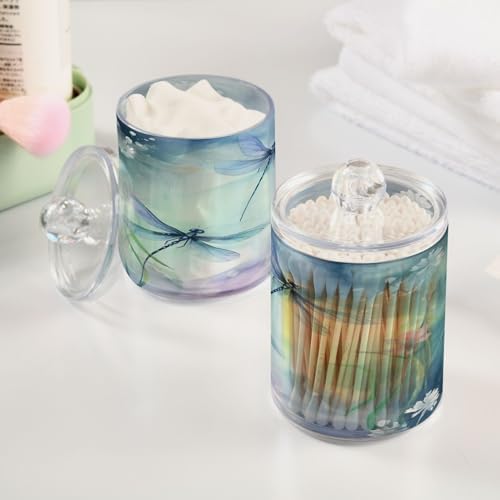 2 Pack Apothecary Jars Bathroom Watercolor Dragonflies Qtip Holder Dispenser - Image 5