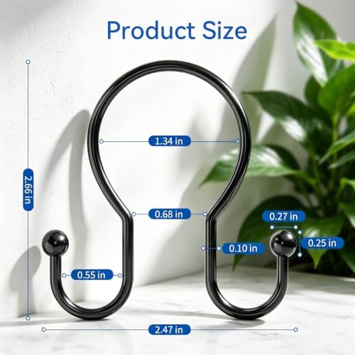 OEH Shower Curtain Hooks, Metal Shower Curtain Hangers, Double Hook Black - Image 2