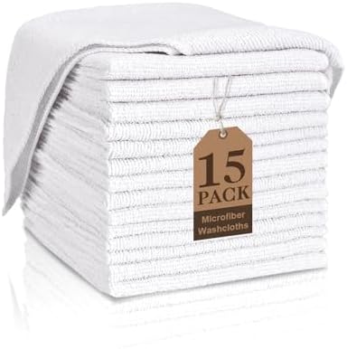 White Washcloths 15 Pack, Highly Absorbent & Quick Drying Face Towels by TEAWOO