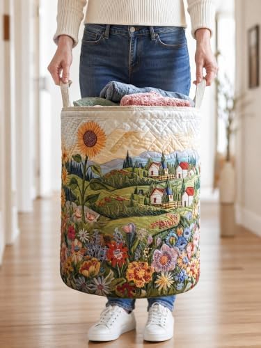 Quilted Laundry Basket with Handles, Boho Floral Quilted Storage Hamper - Image 7