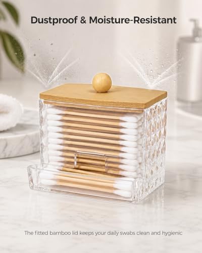 Cotton Swab Holder with Bamboo Lid, Diamond Cut Swab Dispenser - Image 4