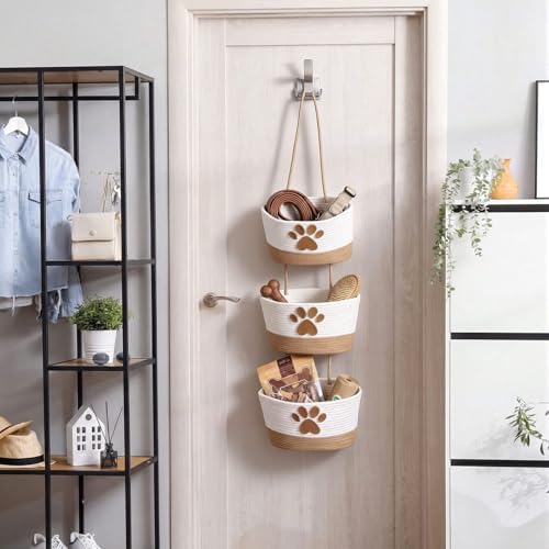 3-Tier Dog Paw Theme Cotton Rope Hanging Basket Organizer, Wall Storage Bin - Image 5