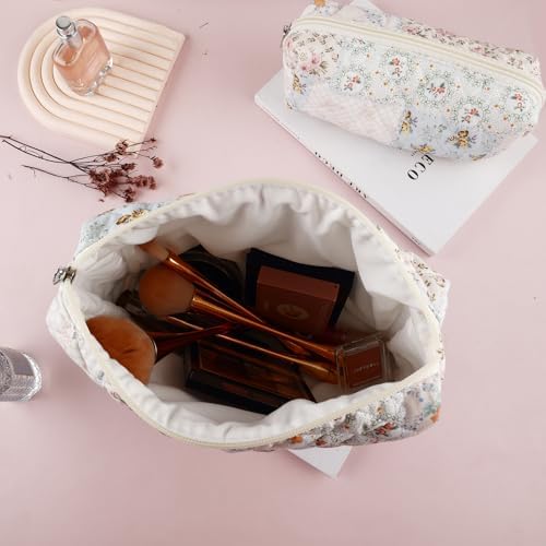 2Pcs Quilted Cotton Makeup Bag Large Travel Makeup Pouch Small Brush Holder Set - Image 4