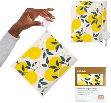 Papaya Swedish Dishcloths for Kitchen, 2 Reusable Paper Towels, 1 Hook by Papaya