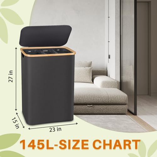 145L Laundry Hamper with Lid, 3 Section Laundry Basket with 3 Removable Bag - Image 2