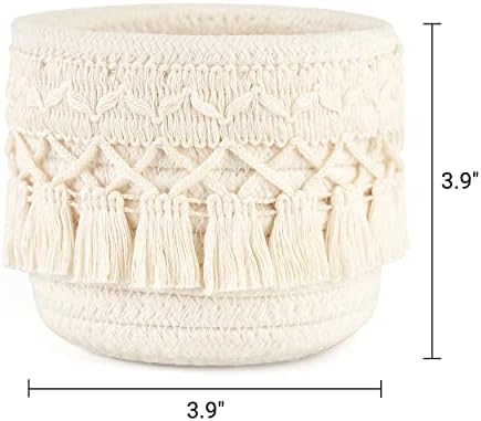 Mkono Macrame Makeup Brush Holder, Boho Mini Storage Basket Set of 2 Ivory - Image 7