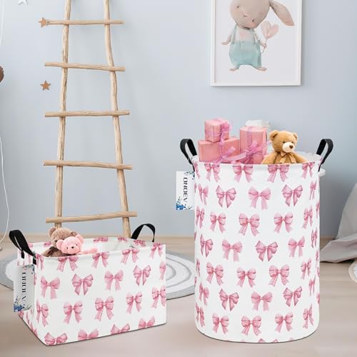 Round Large Pink Bow Print Waterproof Laundry Hamper - Image 7