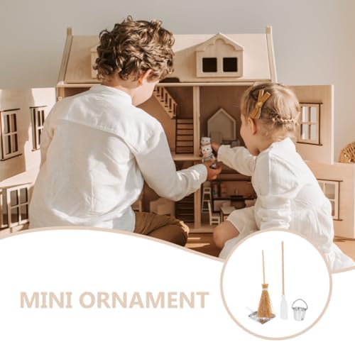 Abaodam Miniature Dollhouse Cleaning Set, Mini Mop Bucket Broom Dustpan Set - Image 2