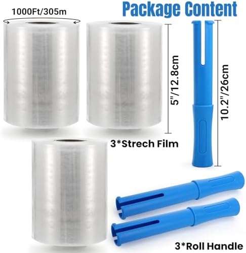 Noamus 3 Pack 5" x 1000ft Clear Industrial Stretch Wrap Film, 100 Gauge Mini - Image 2