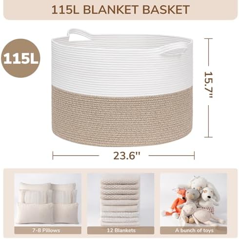 INDRESSME 115L Extra Large Woven Rope Blanket Basket Living Room LightBrown - Image 2
