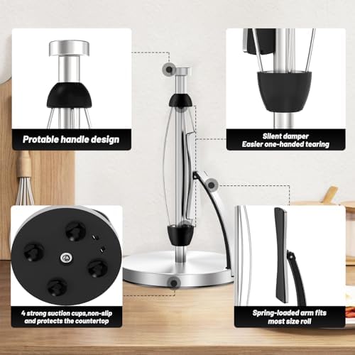 VEHHE Silver Paper Towel Holder Countertop, Spring Activated Arm - Image 4