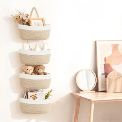 Over The Door Hanging Basket Storage 4-Tier Woven Wall Basket, Jute & White - Image 4