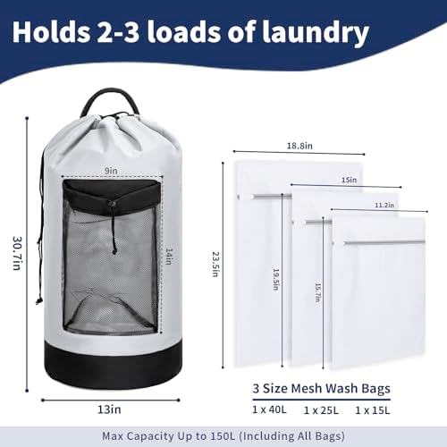 150L Laundry Bag Backpack with 3 Sizes Mesh Wash Bags and Shoulder Straps - Image 2