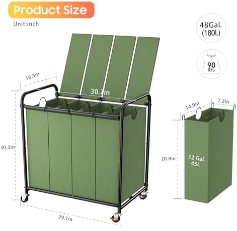 Laundry Sorter 4 Sections 48 Gal, Rolling Laundry Basket - Image 2