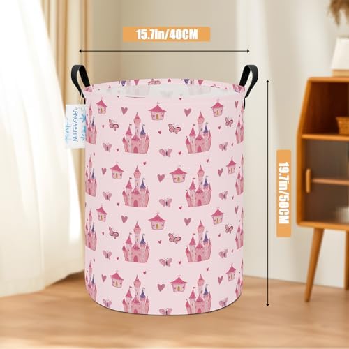 Round Laundry Basket Collapsible Storage Hamper Pink Castle - Image 2
