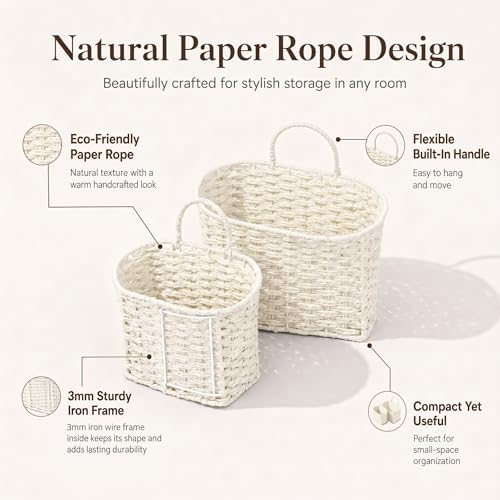 Coeusy Set of 2 Wicker Hanging Basket, Paper Roper Wall Basket - Image 5