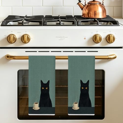 2 Pcs Vintage Coffee Cat Kitchen Towels, Cat Gift Reusable Hand Towels - Image 5