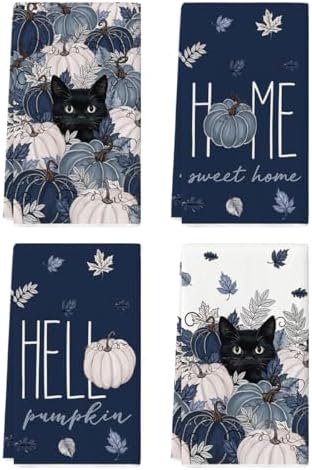 Artoid Mode Blue Pumpkin Cat Fall Kitchen Towels Set of 4 18x26 Inch by ArtoidMode