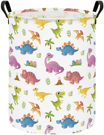 Round Laundry Basket Collapsible Storage Hamper Organizer Cute Dinosaur by LANGYASHAN