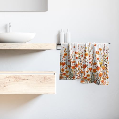 Watercolor Orange Daisy Hand Towels Fall Yellow Wildflowers Leaves Plant - Image 6