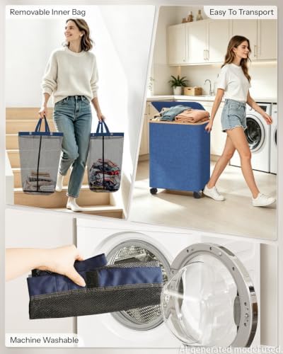 Double Laundry Basket with Wheels and Lid, 150L Clothes Hampers - Image 4