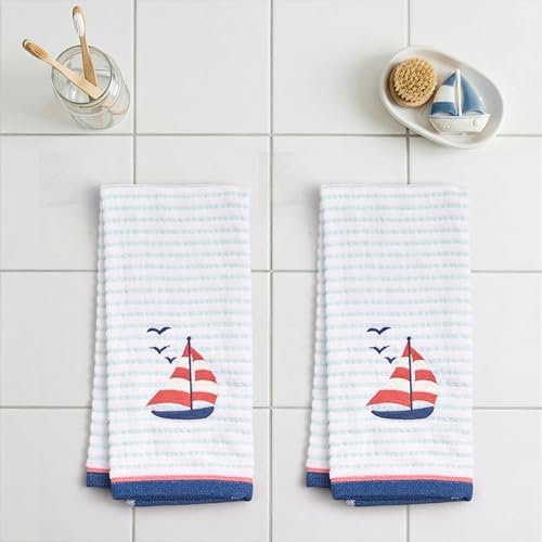 Ritz 2-Piece Cotton Velour Bathroom Hand Towel Set, Embroidered Sailboat Design - Image 3