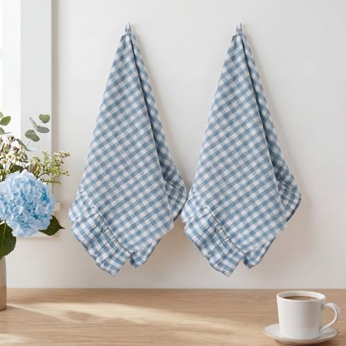 HunnmingRe 2 Pcs Dusty Blue Gingham Kitchen Towels Cotton Ruffle Dish Towel - Image 5