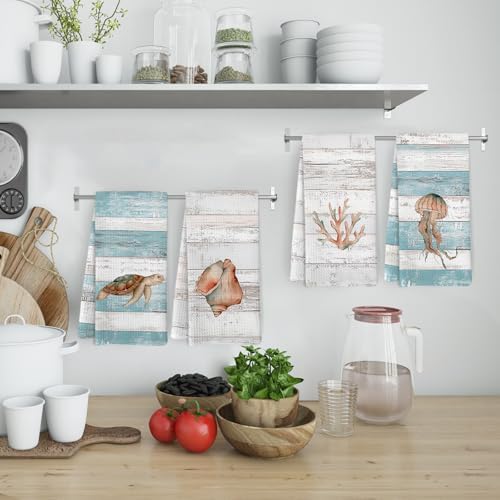 Beach Coastal Kitchen Towels and Dishcloths Set of 4, Lake House Beachy - Image 2