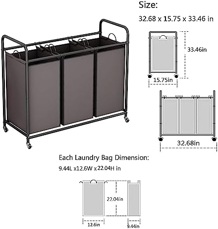 LINZINAR 3-Bag Laundry Sorter, Laundry Hamper Cart - Image 5