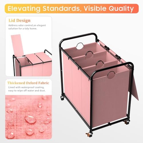180L Laundry Sorter 3 Section, Rolling Laundry Basket - Image 3