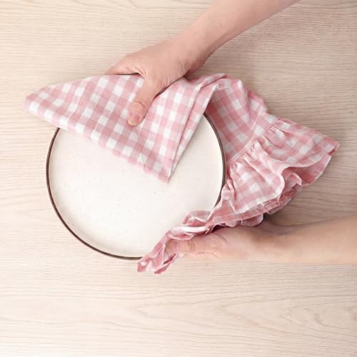 HunnmingRe 2 Pcs Light Pink Gingham Kitchen Towels Cotton Ruffled - Image 6