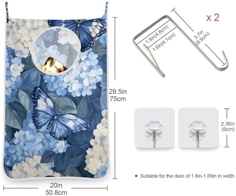 Blue Hydrangea and Butterfly Door Hanging Laundry Hamper Bag - Image 3