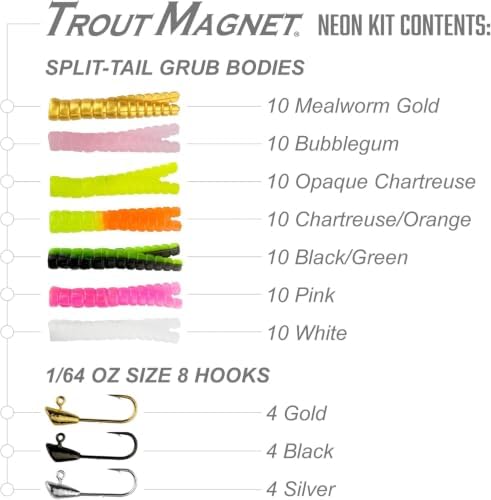Trout Magnet 82-Piece Neon Fishing Gear Kit, Includes 70 Grub Bodies Trout Bait - Image 3
