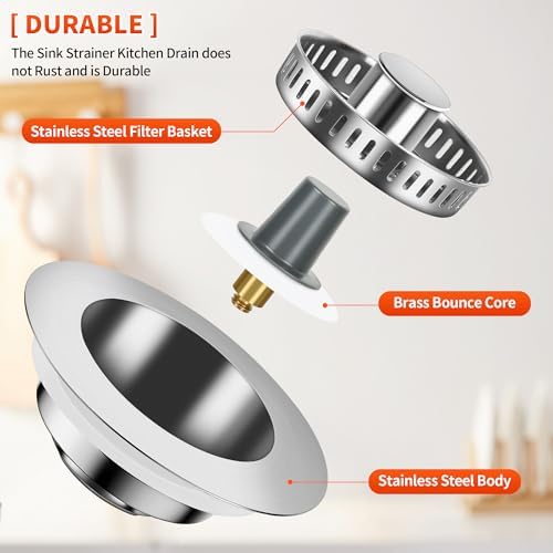 3 in 1 Kitchen Sink Drain Strainer, Universal Stainless Steel Sink Stopper - Image 4