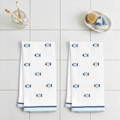 Ritz 2-Piece Cotton Velour Bathroom Hand Towel Set, Embroidered Allover Fish - Image 3
