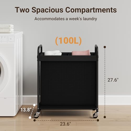 ELYKEN Laundry Hamper 2 Section, 100L Rolling Laundry Sorter - Image 3