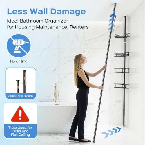 HAMITOR Corner Shower Caddy Tension Pole, Adjustable No-Drill Widen Shelves - Image 3