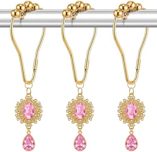 12PCS Pink Gem Shower Curtain Hooks, Elegant Bathroom Decor by Koveni