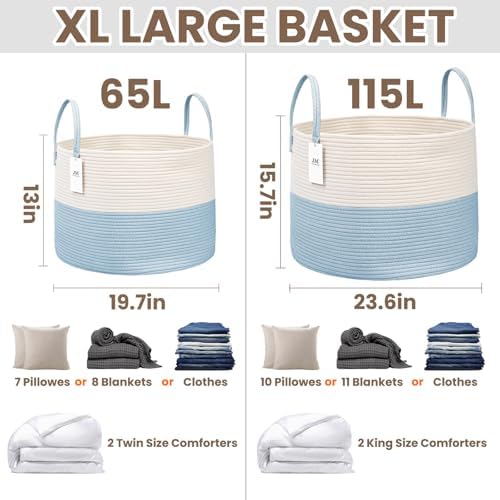 JMvicyroam 65L Extra Large Machine Washable Cotton Rope Blanket Basket - Image 3