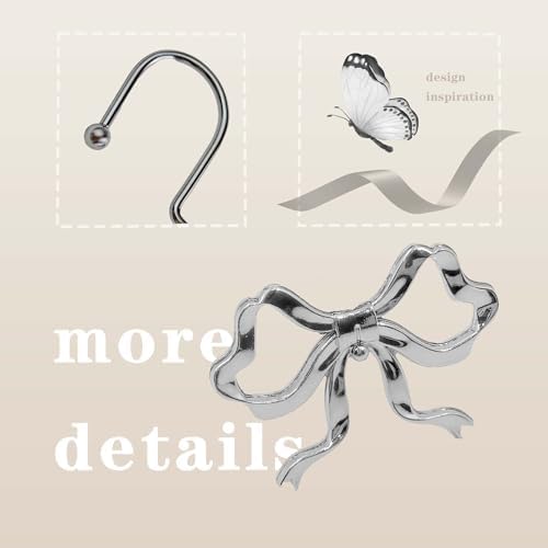 Silver Bow Shower Curtain Hooks, 12 Pack Coquette Bathroom Decor, Decorative - Image 2