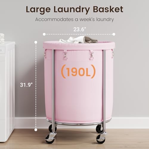 ELYKEN Laundry Basket with Wheels, Round Rolling Laundry Hamper - Image 3